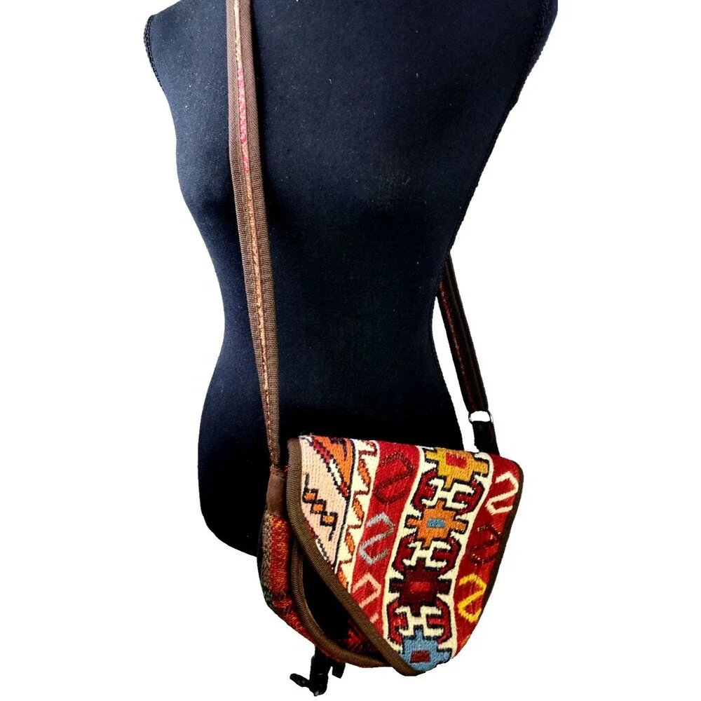 Vintage 80s 90s Southwestern Leather Turkish Kilim Bag Cross Body Boho Purse